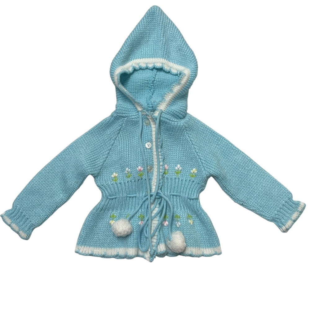 Vintage Baby Girl‎ 12M Knit Sweater Hooded Cardigan Embroidered Floral Pom Pom